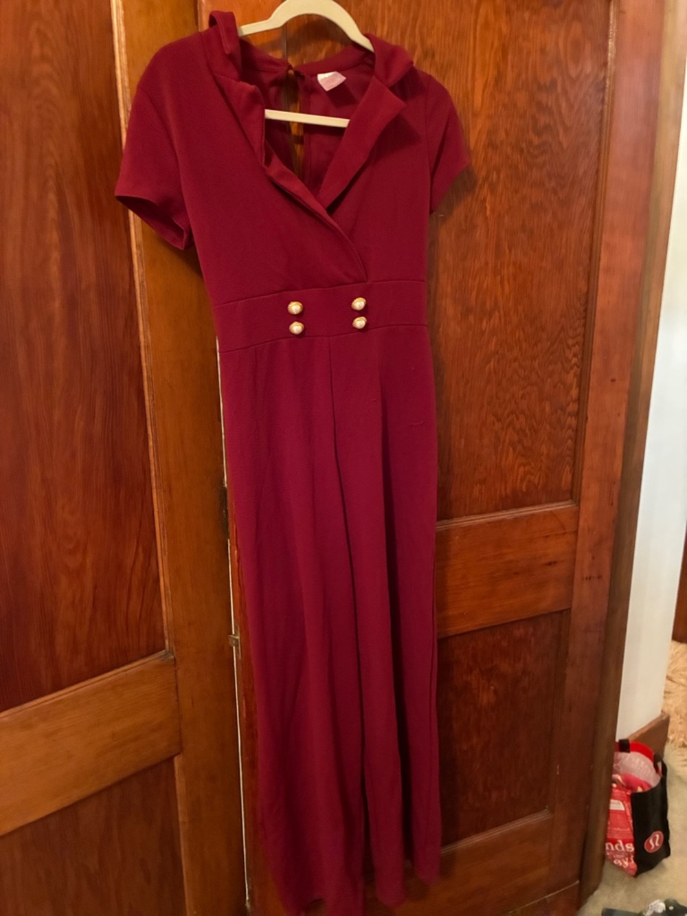 No Boundaries Burgundy Formal Jumpsuit with Gold Buttons